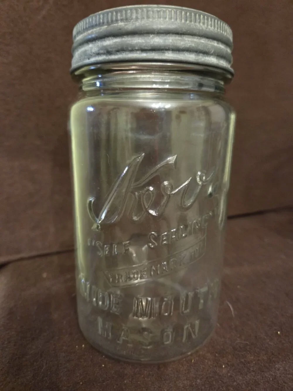 Kerr Self‎ Sealing Wide mouth canning jar 1940s with Zinc Ring & Glass Ball Flat